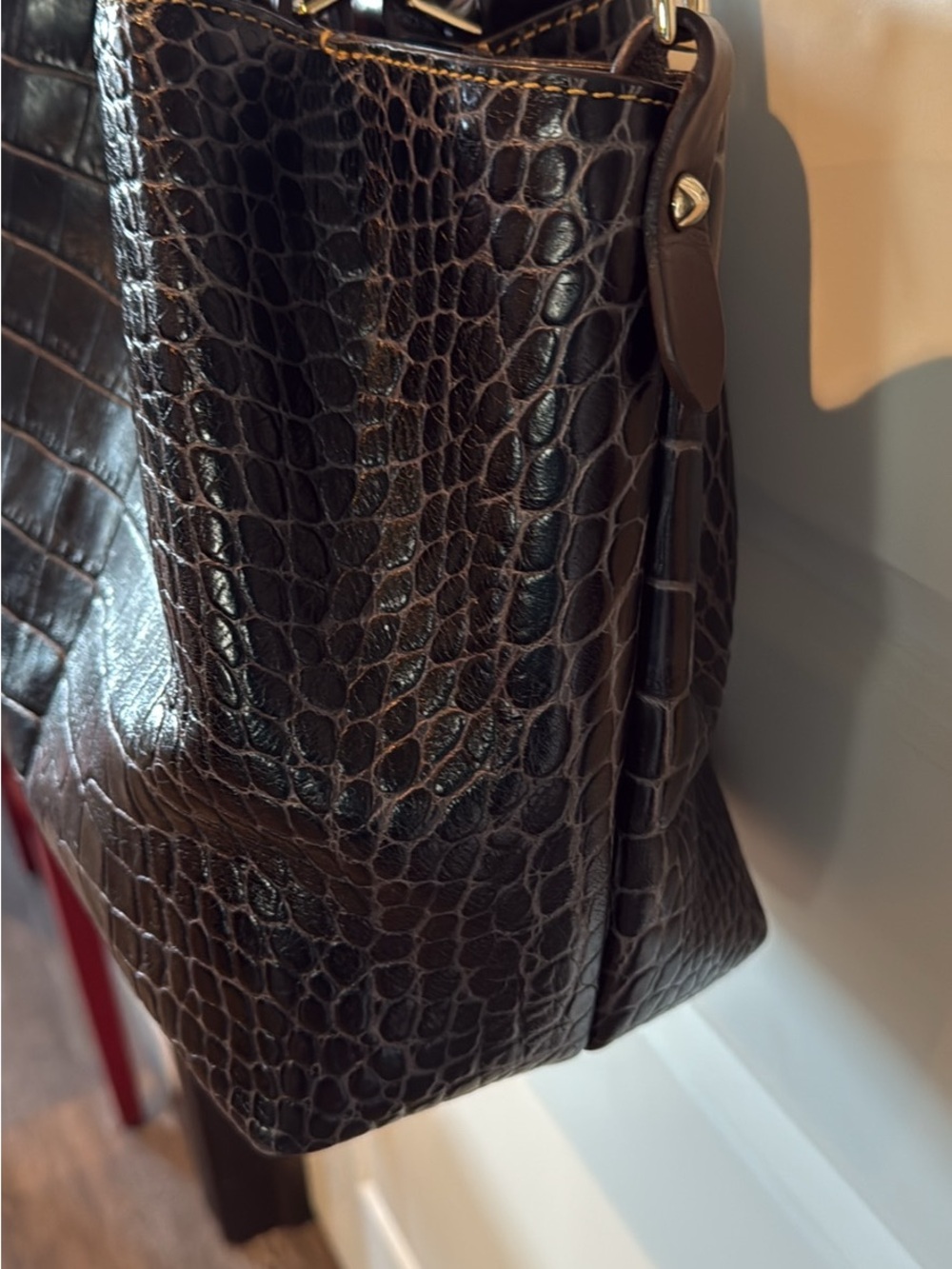 Dooney & Bourke Dark Brown Croc-Embossed Leather Satchel - Picture 3 of 8
